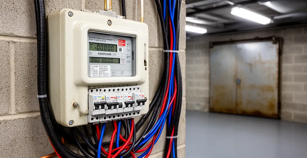 Tableau électrique professionnel avec compteur numérique dans un local technique