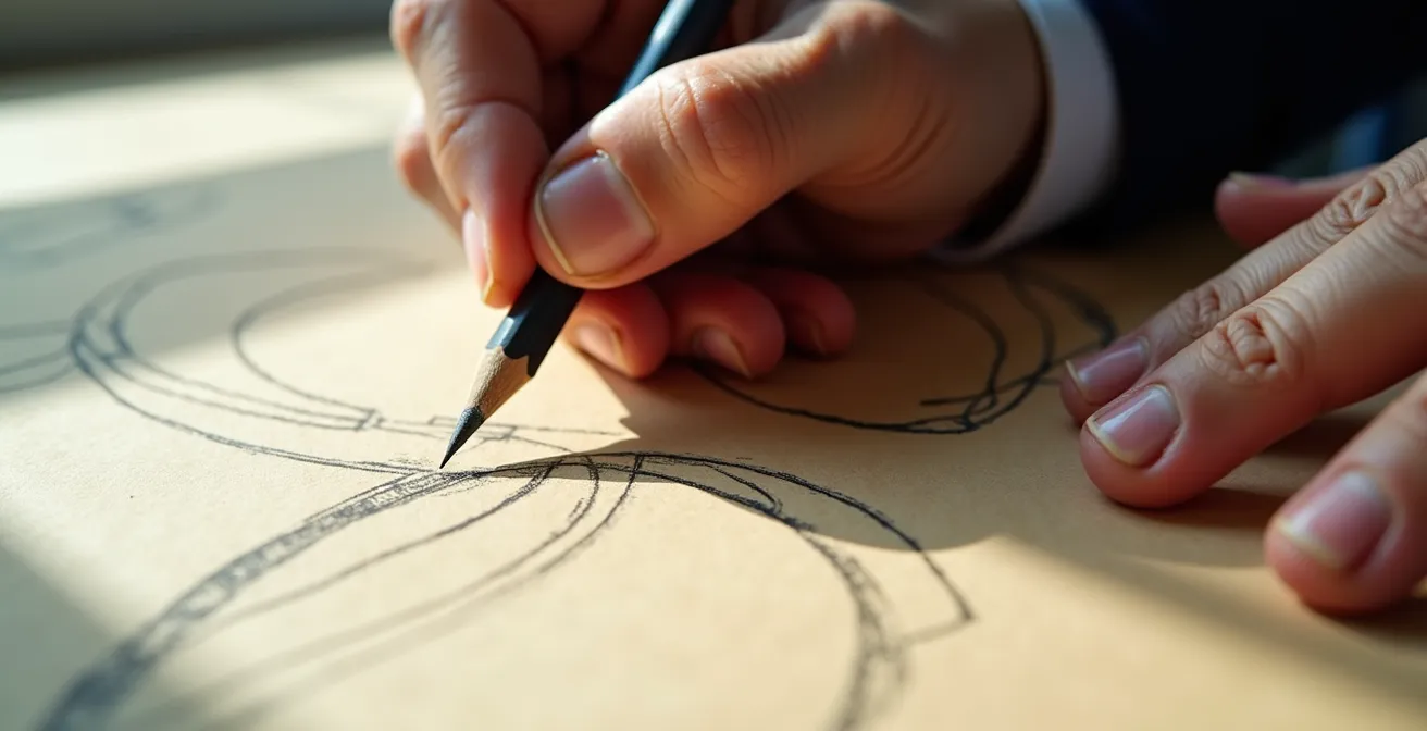 Gros plan sur les mains d'un architecte travaillant sur une esquisse