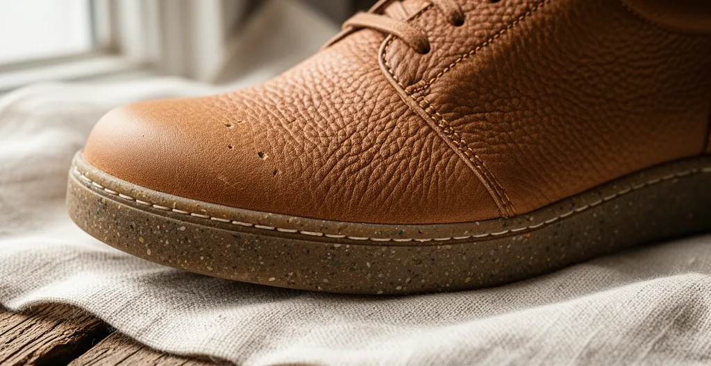 Gros plan sur les matériaux naturels et recyclés d'une basket durable posée sur du lin