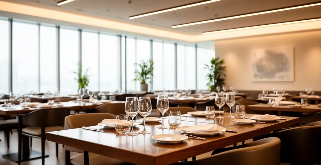 Salle de restaurant moderne avec luminaires LED et grandes fenêtres laissant entrer la lumière naturelle