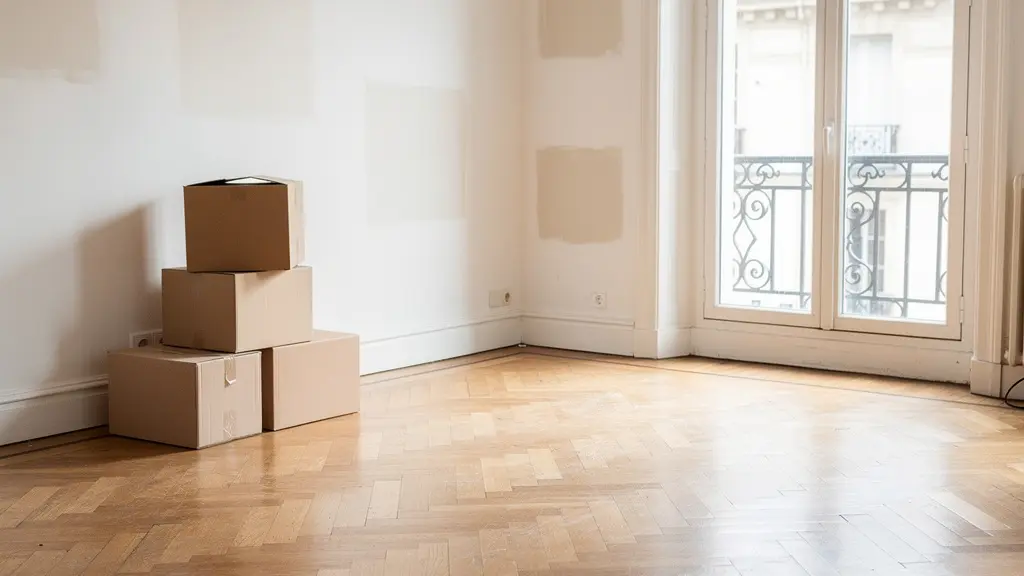 Appartement parisien vide avec quelques cartons de déménagement (charges locatives)