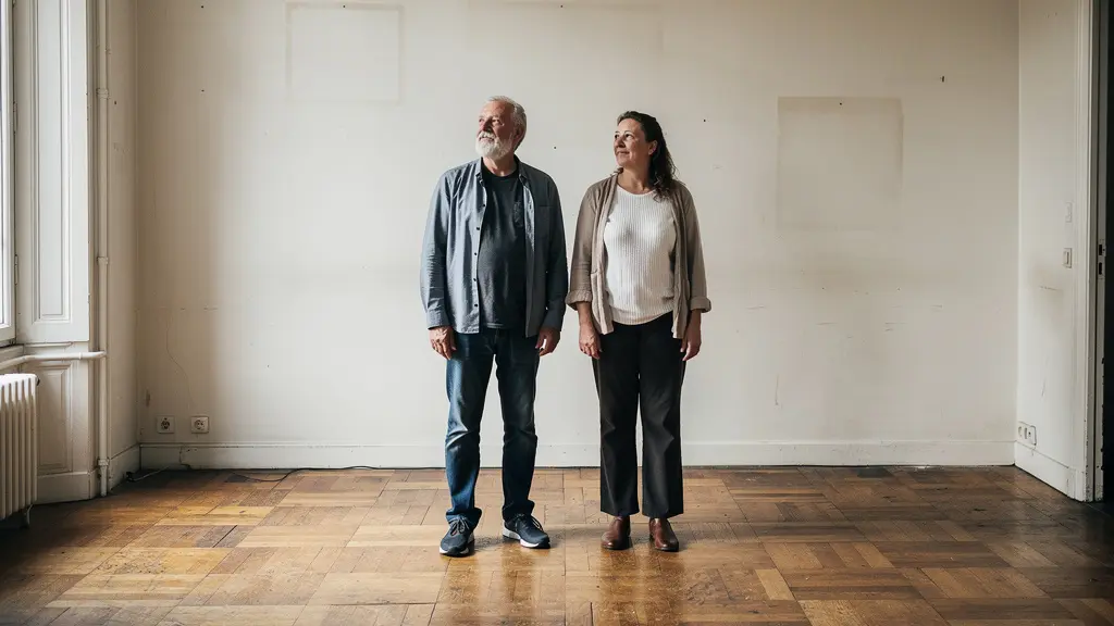Deux personnes inspectant un appartement vide à Paris (état des lieux sortie)