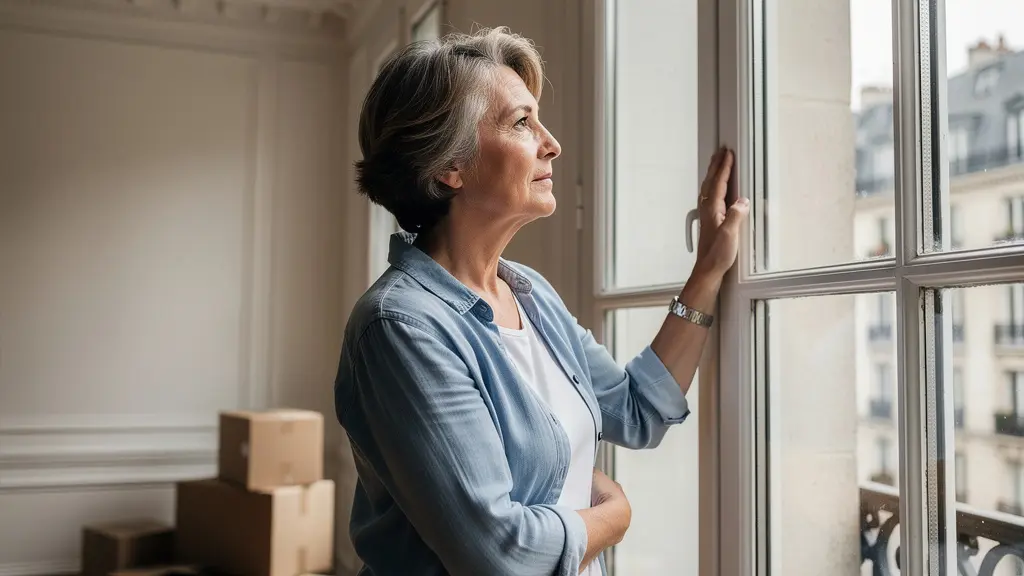 Femme pensive dans un appartement parisien avec carton de déménagement (bail parent EHPAD)