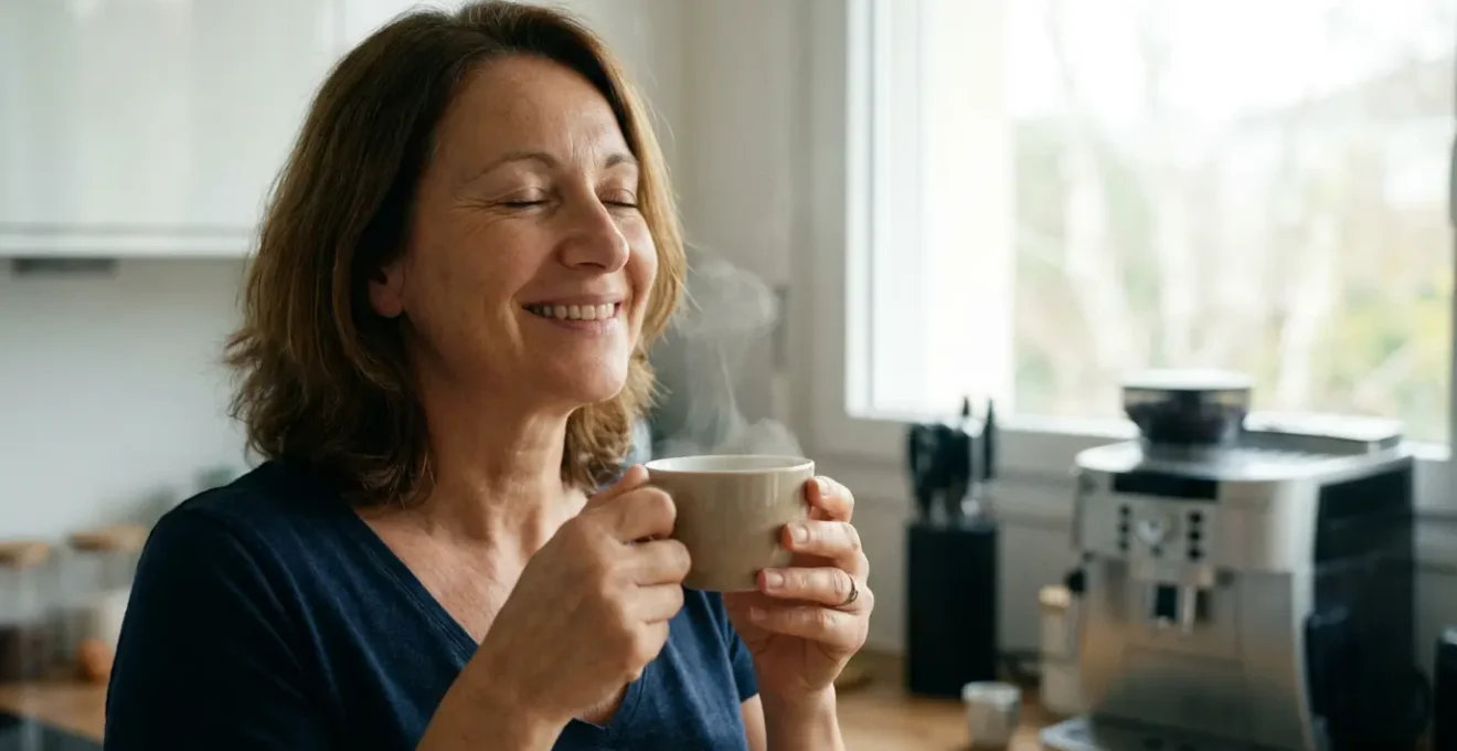 Femme savourant son café Senseo du matin dans une cuisine lumineuse