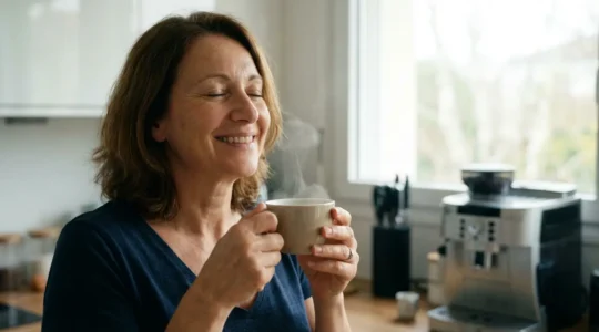 Femme savourant son café Senseo du matin dans une cuisine lumineuse