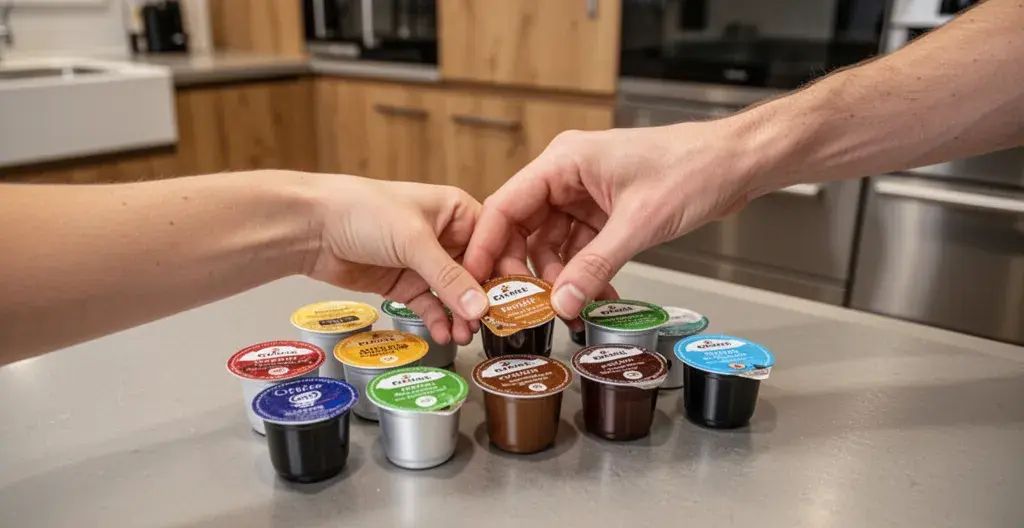 Main sélectionnant une dosette café parmi plusieurs références sur un plan de travail