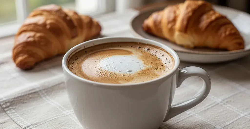 Tasse de café avec crema onctueuse sur table de petit-déjeuner