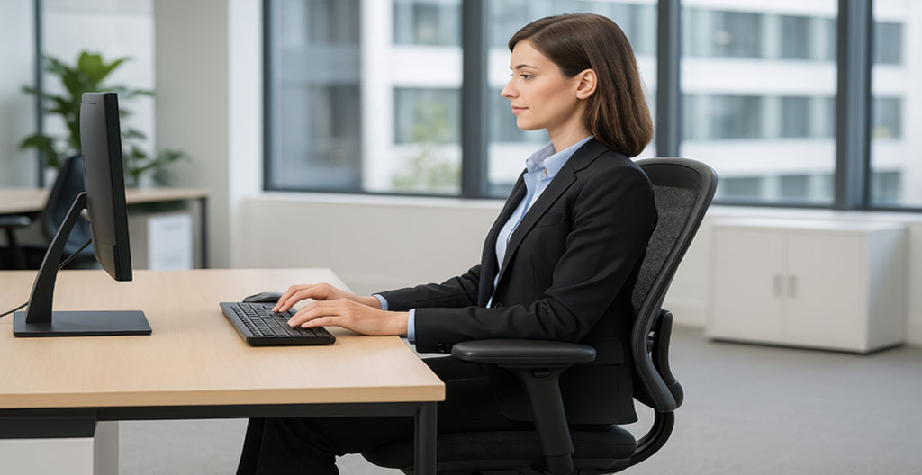 Vue de profil montrant l'espace entre le genou et le bord d'assise d'une chaise ergonomique de bureau