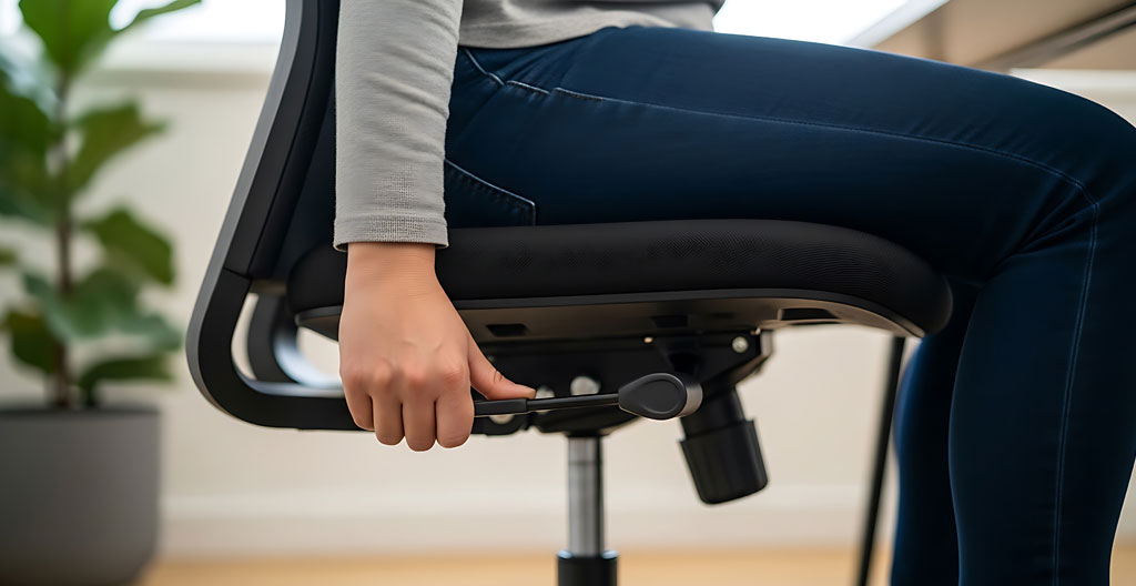 Détail des leviers et molettes de réglage d'un mécanisme synchrone sur siège ergonomique professionnel