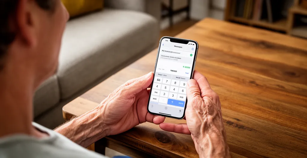 Personne calculant un budget sur smartphone dans un salon familial