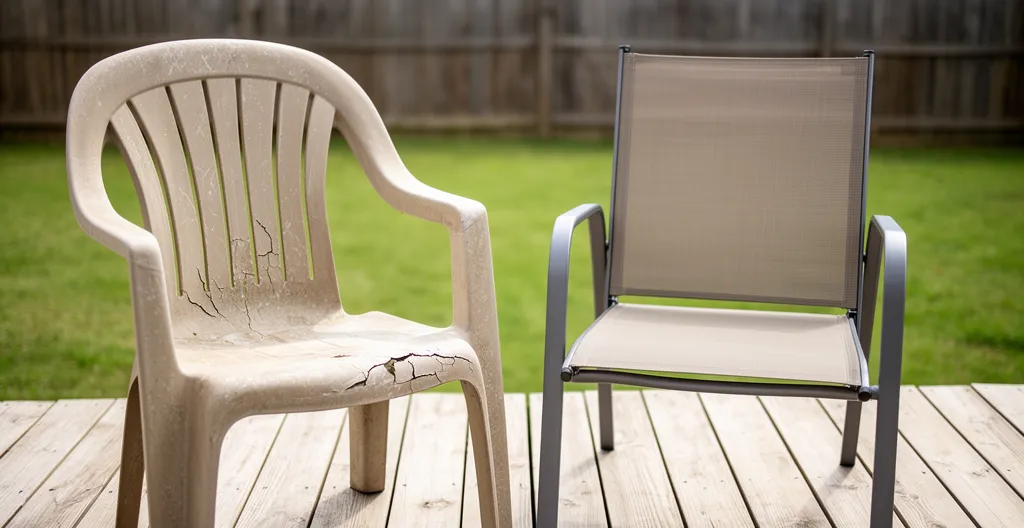 Comparaison chaise jardin résine fissurée après 3 ans et chaise aluminium parfait état