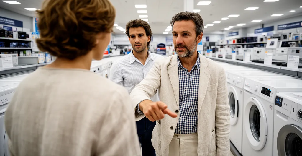 Vendeur conseillant un client devant un rayon électroménager en magasin