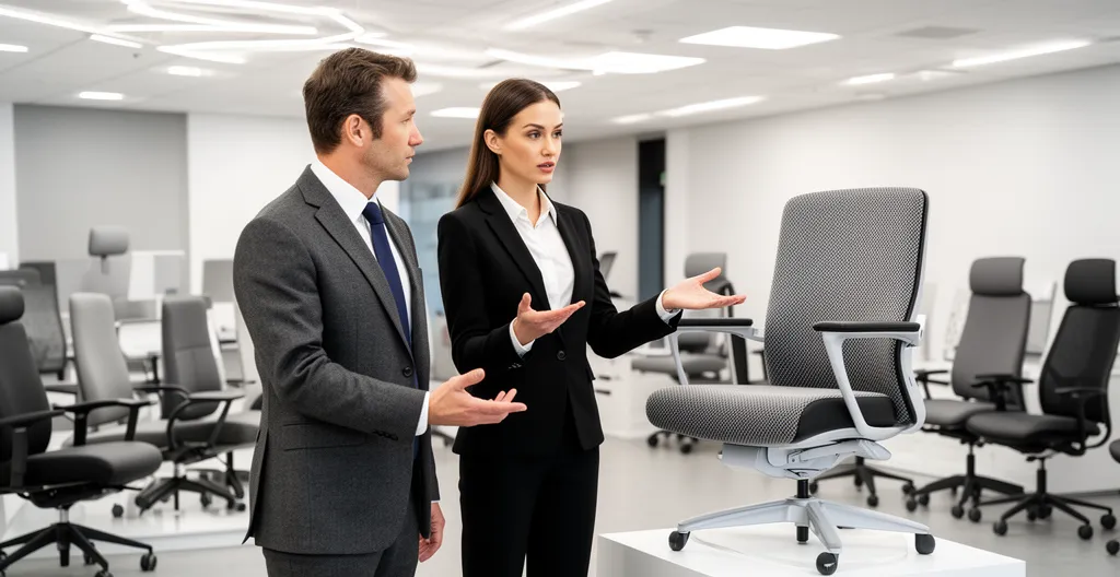 Consultant en ergonomie expliquant le fonctionnement d'un siège à un responsable achats dans un showroom