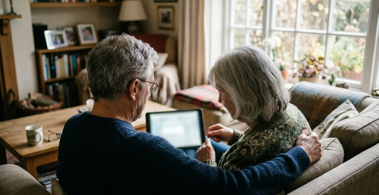 Couple de seniors assis côte à côte regardant ensemble une tablette posée sur leurs genoux dans un salon confortable
