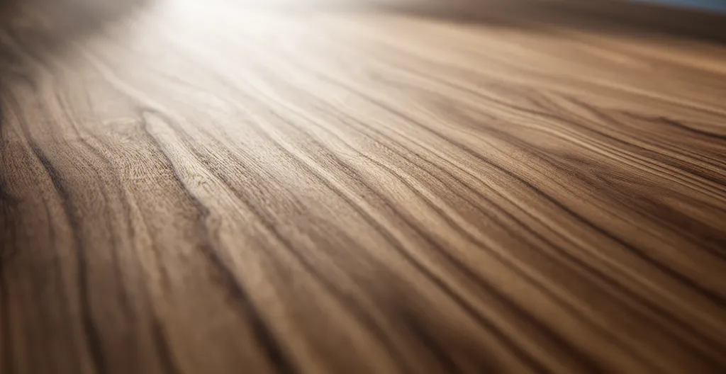 Gros plan sur la texture d'un plateau de bureau de direction en placage bois de qualité