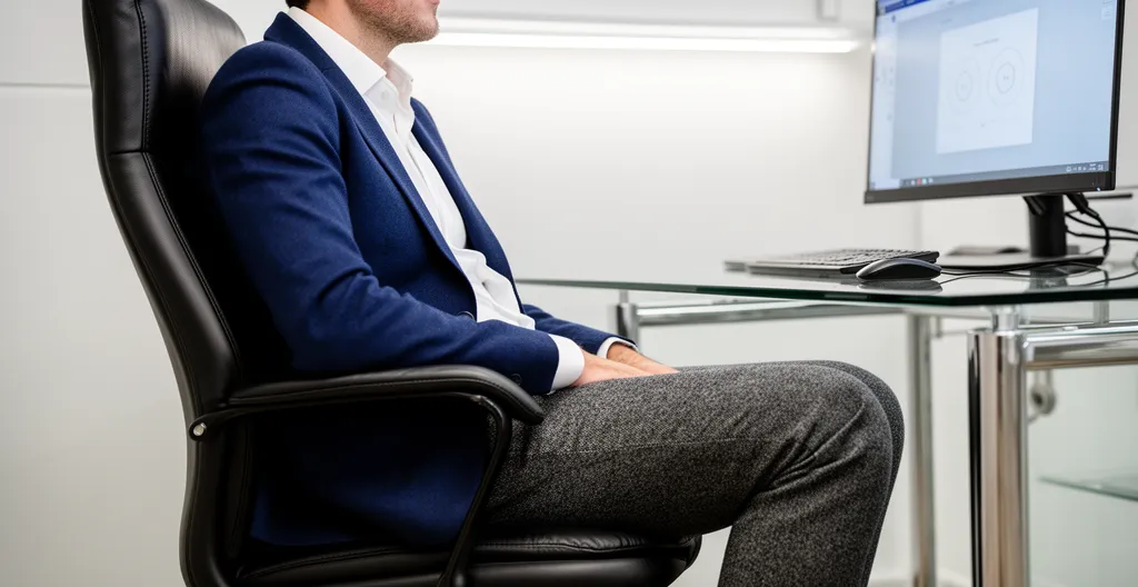 Vue de profil montrant l'espace entre le genou et le bord d'assise d'une chaise ergonomique de bureau