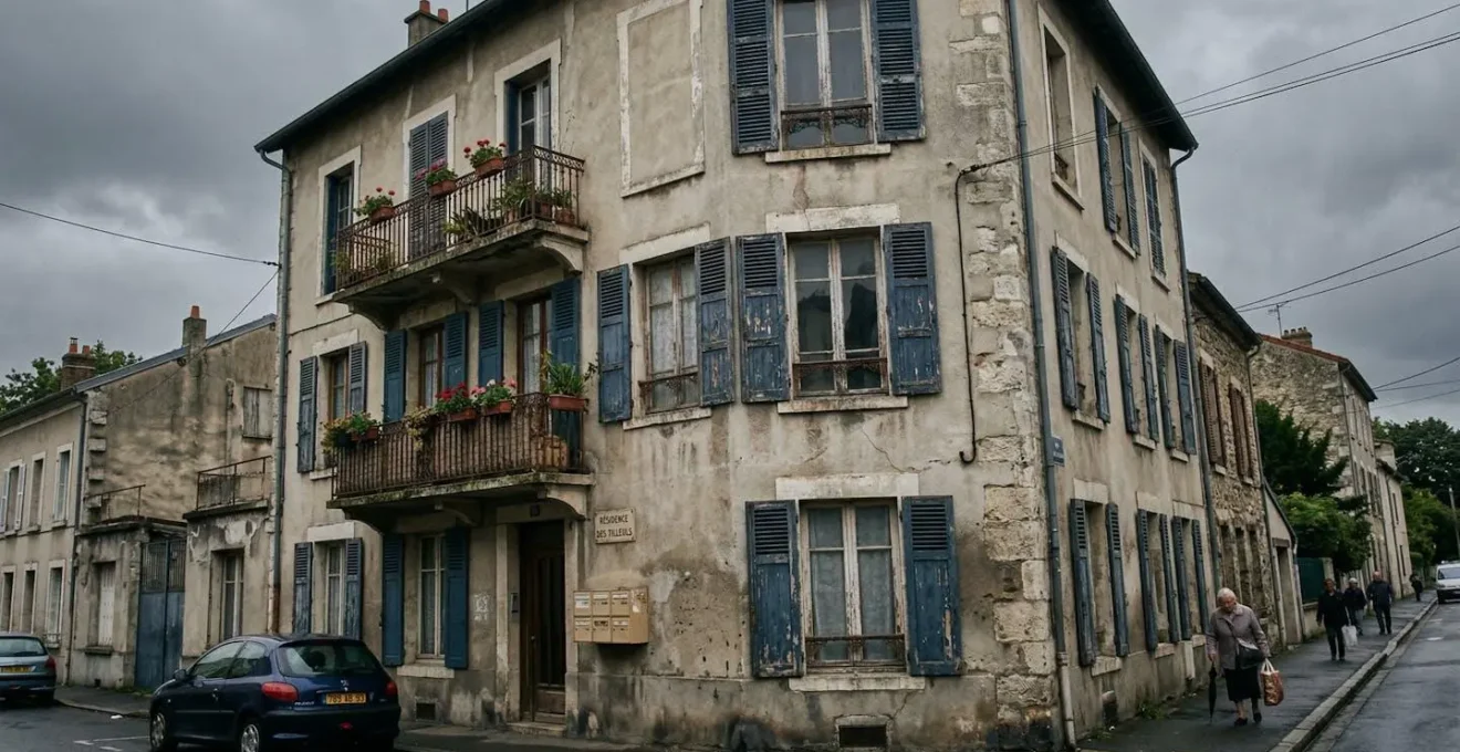 Façade d'une résidence de services aux volets légèrement défraîchis sous un ciel nuageux, quartier résidentiel français