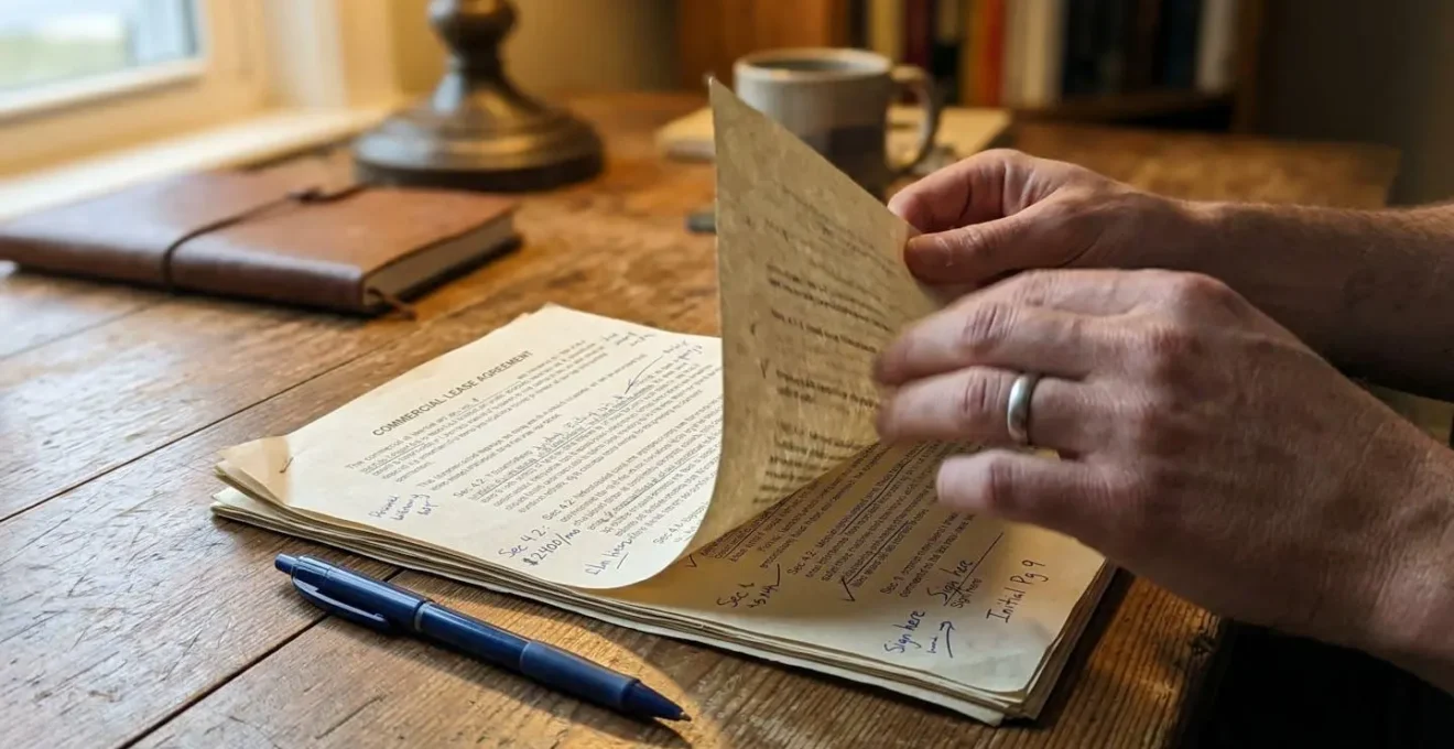 Gros plan sur des mains feuilletant un contrat de bail commercial aux pages légèrement jaunies, avec un stylo posé à côté sur une table en bois