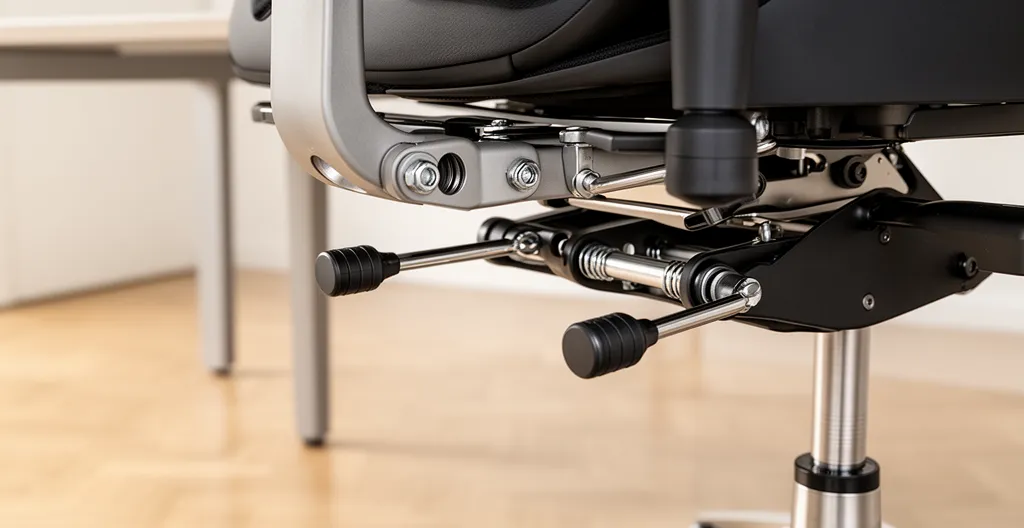 Détail des leviers et molettes de réglage d'un mécanisme synchrone sur siège ergonomique professionnel