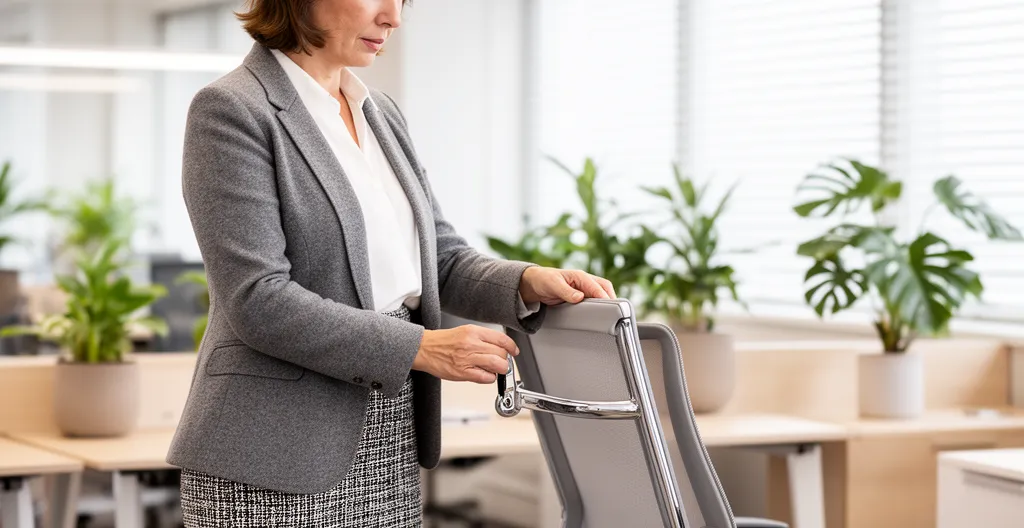 Professionnel ajustant la profondeur d'assise d'une chaise ergonomique dans un open space lumineux