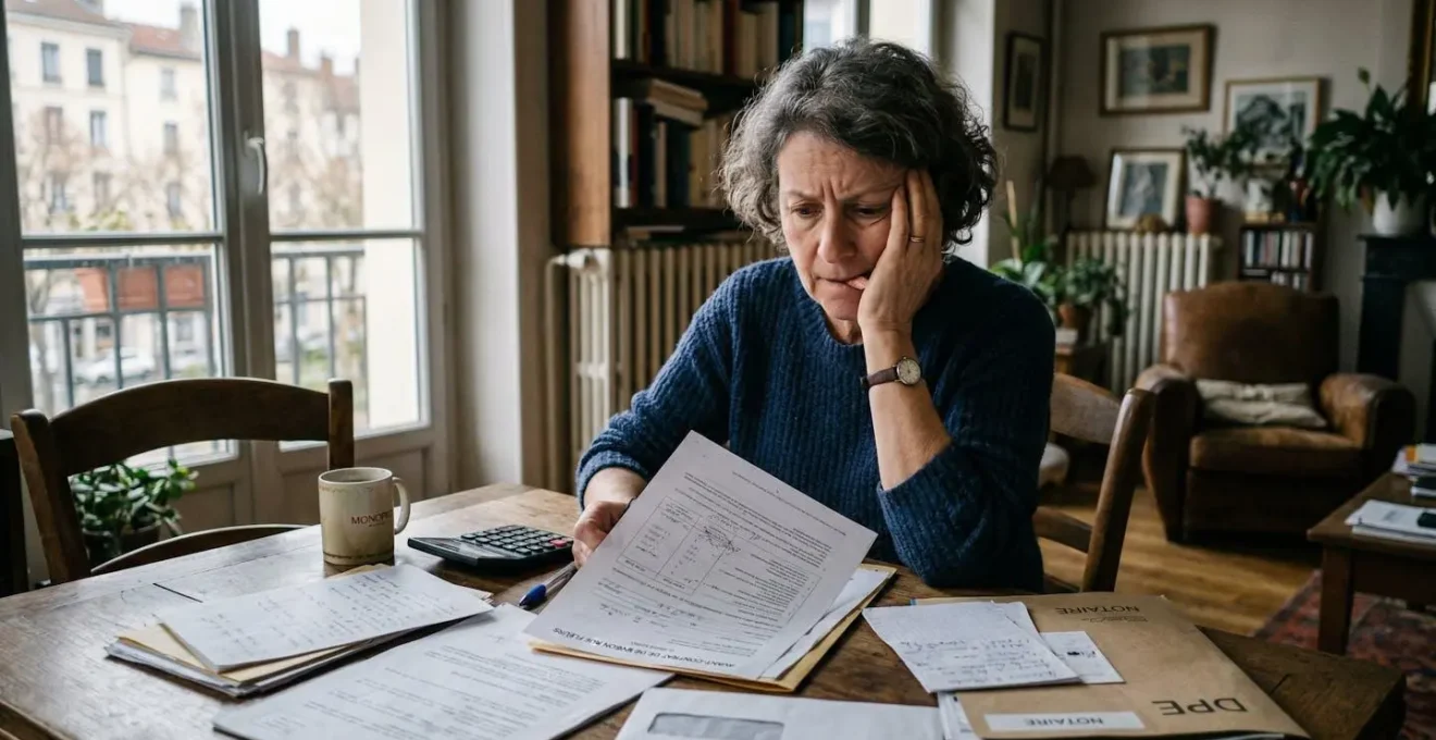 Une personne d'âge mûr assise à une table de salon, regardant des documents immobiliers étalés devant elle, expression préoccupée, intérieur résidentiel