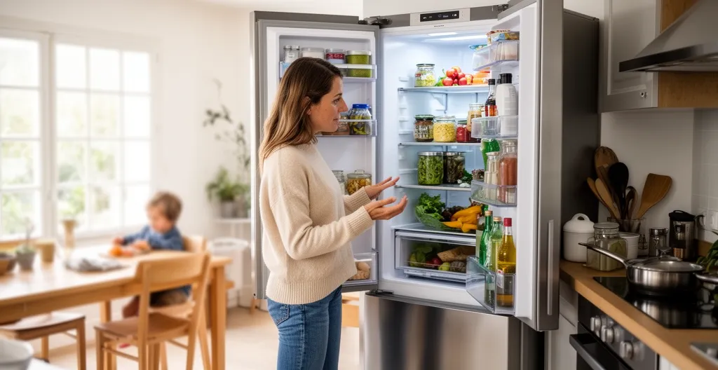 Réfrigérateur ouvert dans une cuisine familiale française