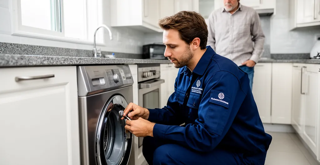 Technicien réparant un lave-linge dans une cuisine familiale française