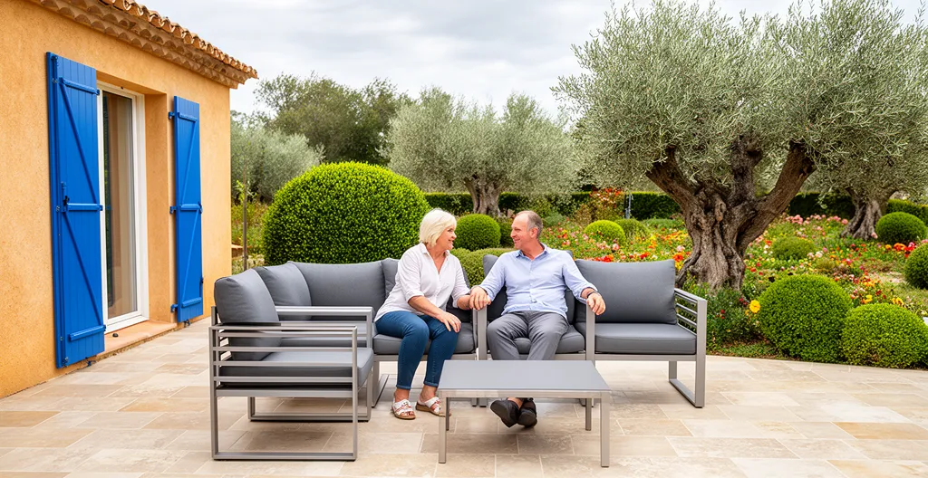 Couple sur terrasse méditerranéenne avec mobilier jardin haut de gamme aluminium