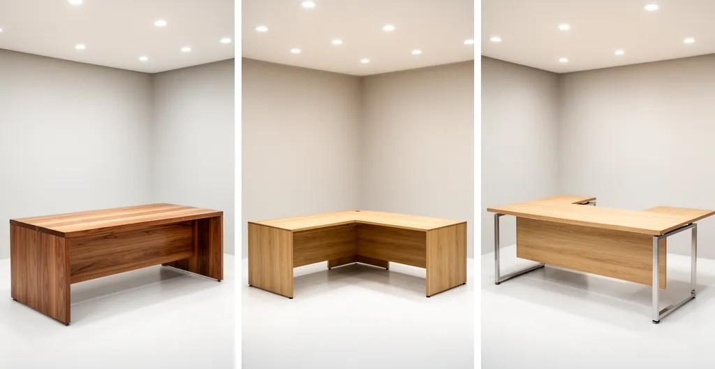 Trois configurations de bureaux de direction exposées côte à côte : droit, angle et avec retour