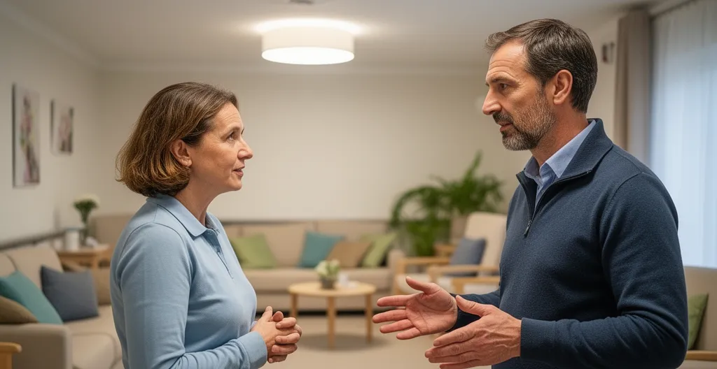 Aidante visitant une salle commune d'EHPAD avec un responsable d'établissement