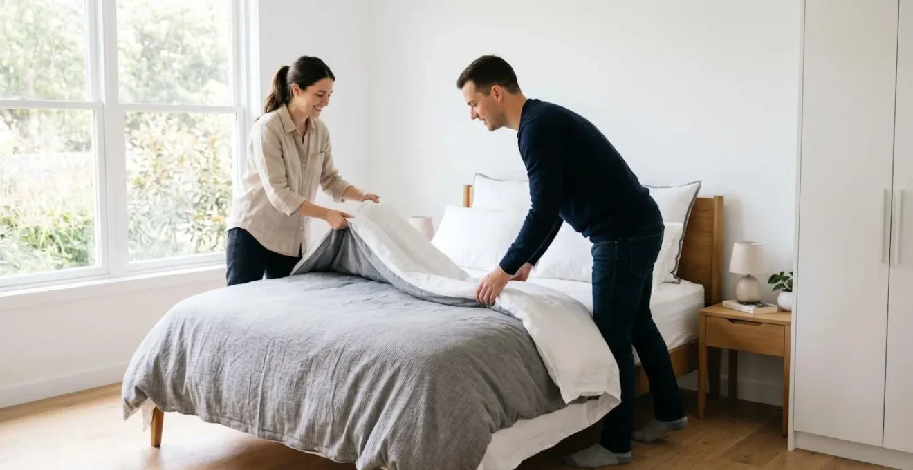 Un couple vu de côté en train de refaire le lit ensemble, manipulant une housse de couette moderne dans une chambre lumineuse contemporaine