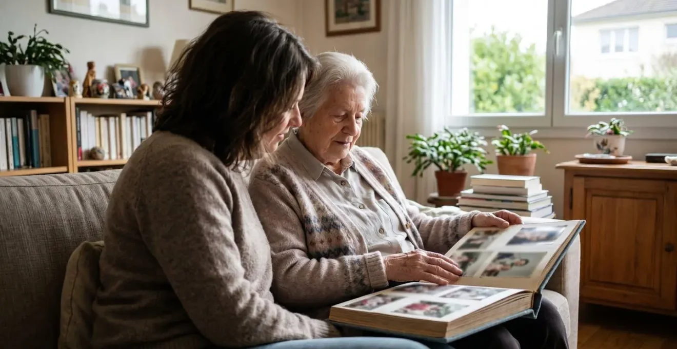 Une femme adulte assise à côté de son parent âgé sur un canapé, vus de dos, feuilletant ensemble un album photo dans un salon lumineux