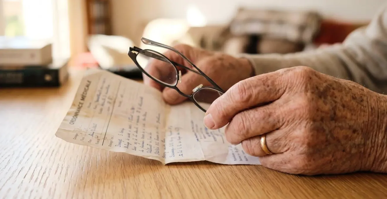 Gros plan sur des mains âgées tenant des lunettes de lecture et une ordonnance médicale posées sur une table en bois, lumière naturelle latérale