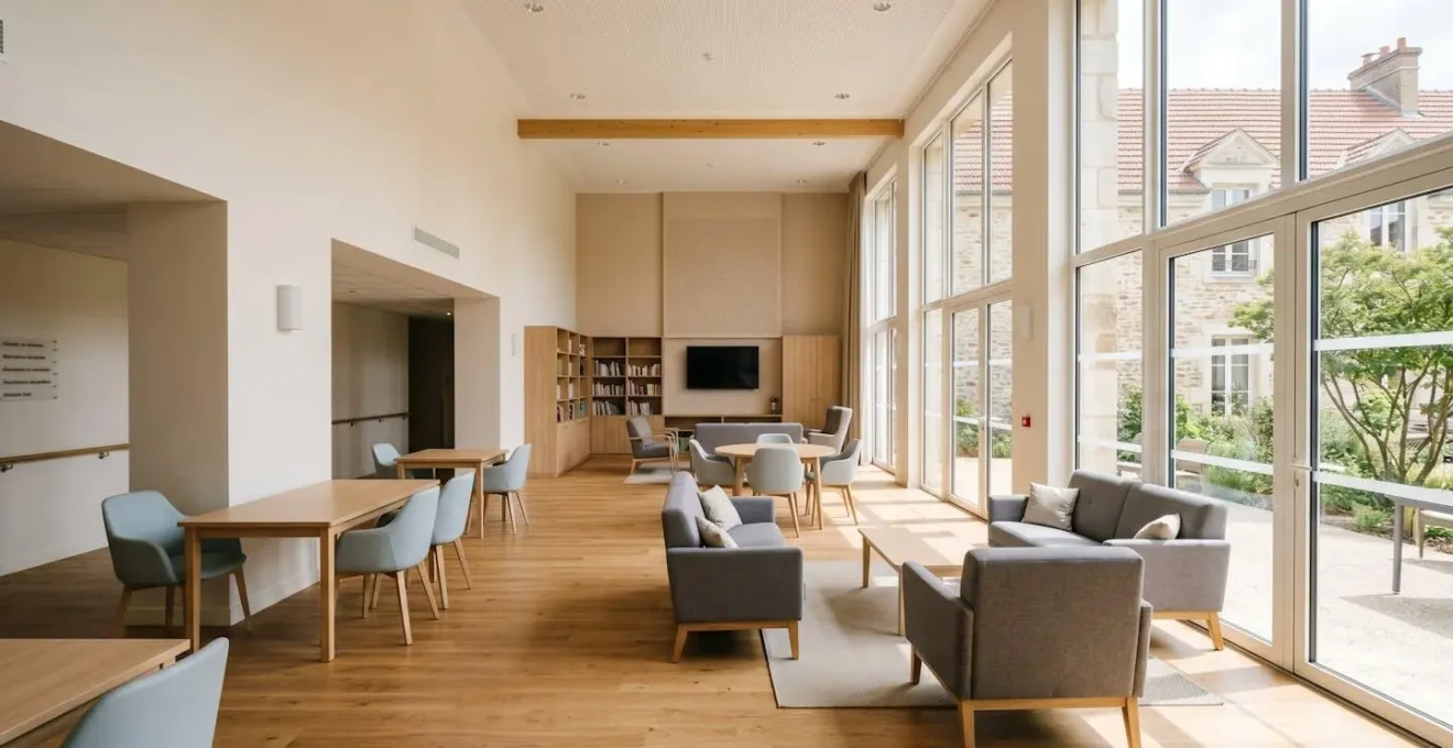 Vue grand angle d'une salle commune d'EHPAD moderne et lumineuse, vide en matinée, avec mobilier contemporain et larges fenêtres laissant entrer la lumière naturelle, style architectural français