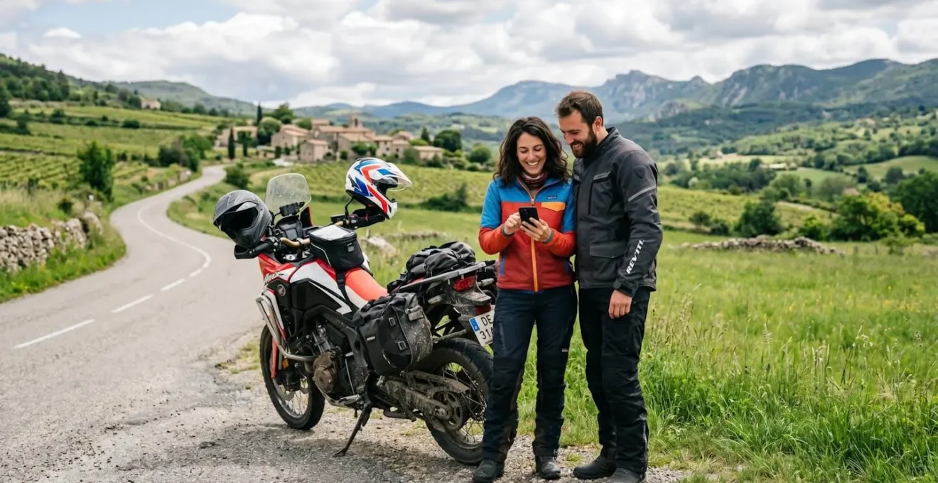 Couple de motards consultant un smartphone sur le bord d'une route européenne