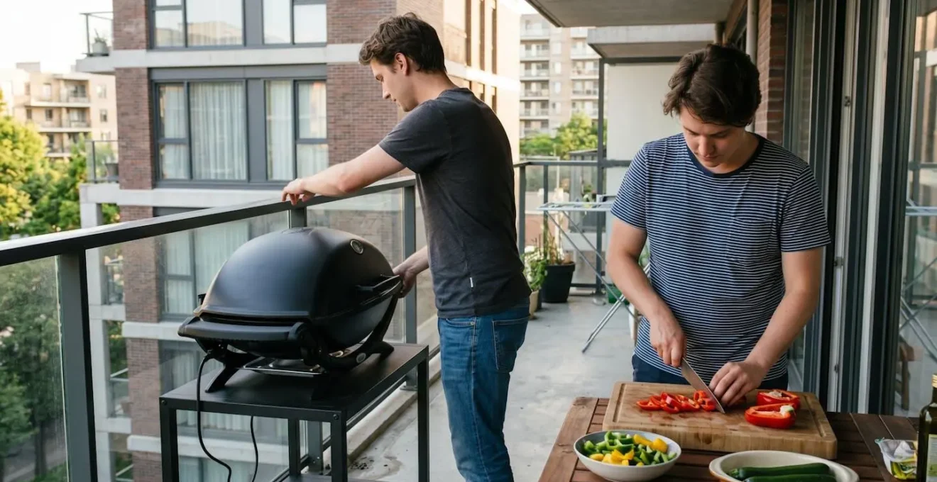 Deux personnes sur un balcon contemporain préparent des légumes près d'un barbecue électrique, l'une ferme le couvercle pendant que l'autre découpe des poivrons sur une planche