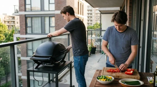 Deux personnes sur un balcon contemporain préparent des légumes près d'un barbecue électrique, l'une ferme le couvercle pendant que l'autre découpe des poivrons sur une planche