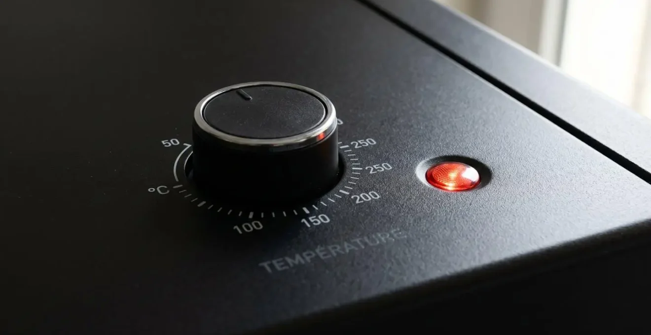 Gros plan sur le panneau de commande d'un barbecue électrique montrant le thermostat rotatif gradué et un voyant lumineux rouge indiquant la phase de chauffe