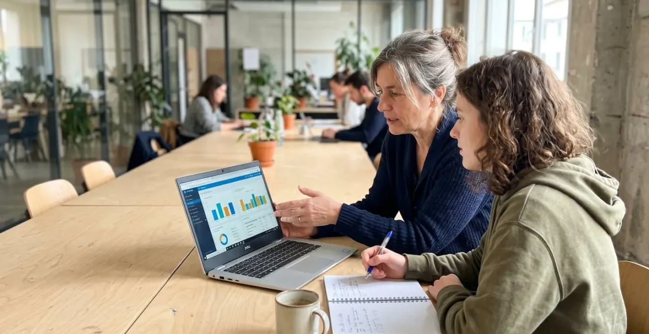 Deux personnes échangeant autour d'un ordinateur portable dans un espace de coworking lumineux, l'une expliquant de profil, l'autre écoutant attentivement de trois-quarts dos