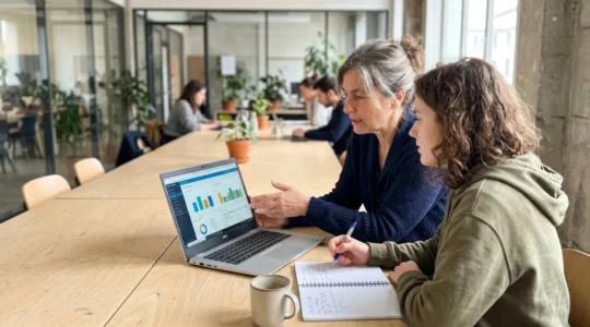 Deux personnes échangeant autour d'un ordinateur portable dans un espace de coworking lumineux, l'une expliquant de profil, l'autre écoutant attentivement de trois-quarts dos