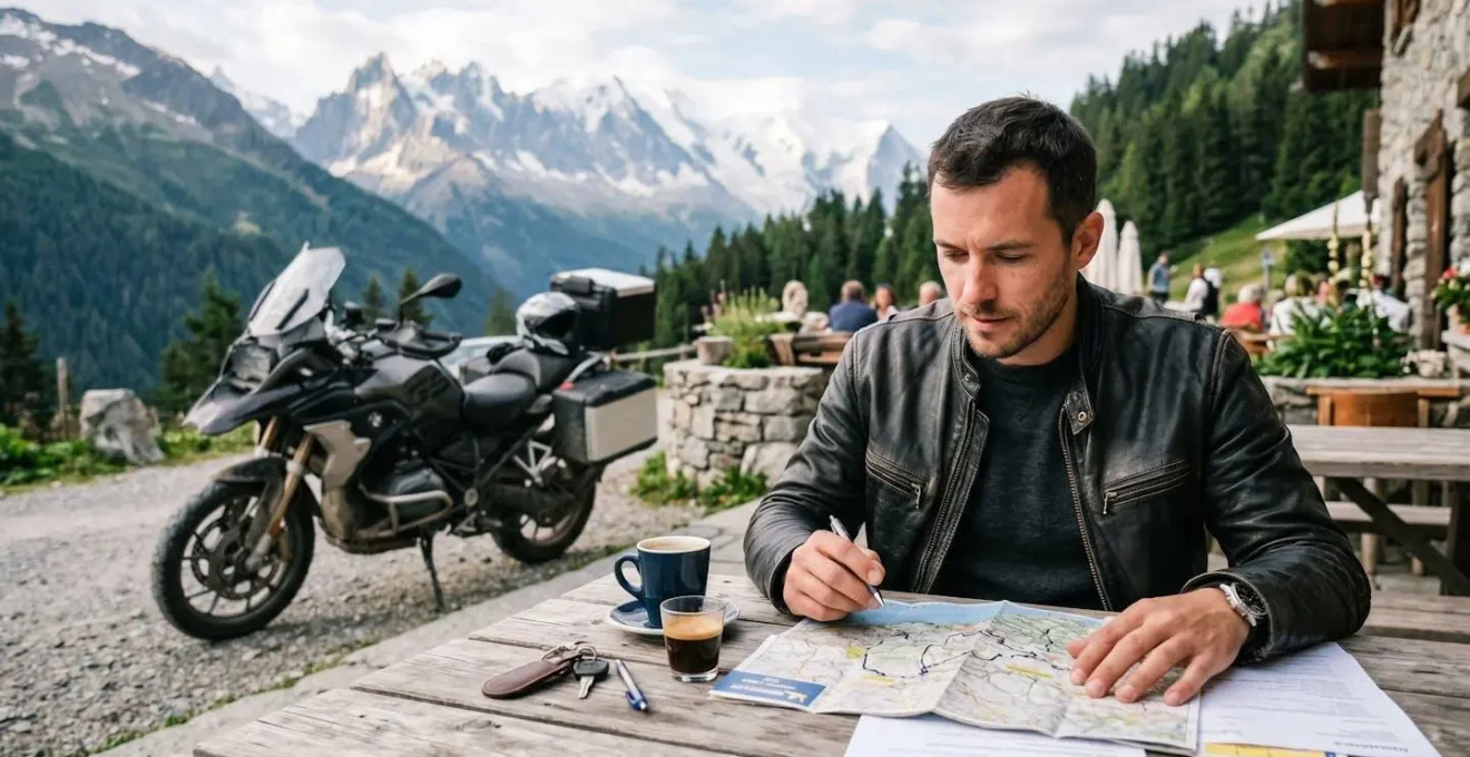 Motard consultant ses documents d'assurance à une table de café en montagne