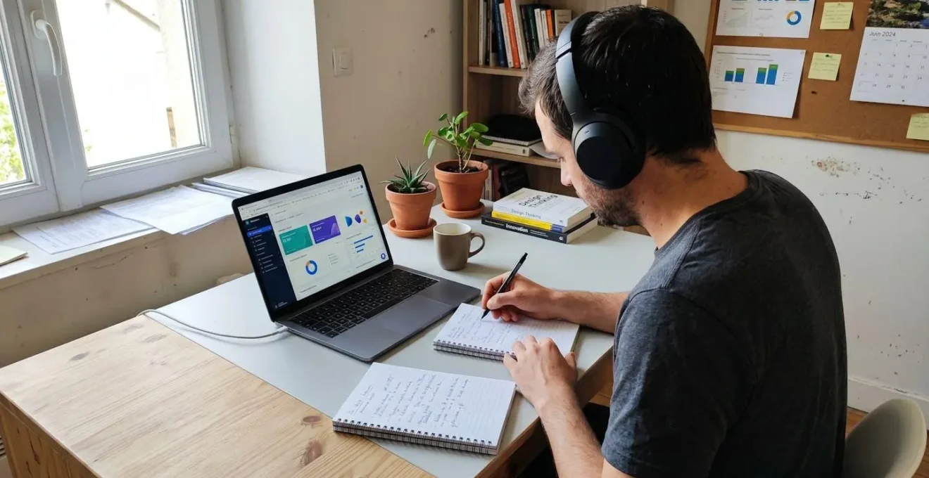 Personne de trois-quarts dos au bureau à domicile, portant un casque audio, prenant des notes manuscrites durant un appel, ordinateur portable ouvert avec interface visio floue