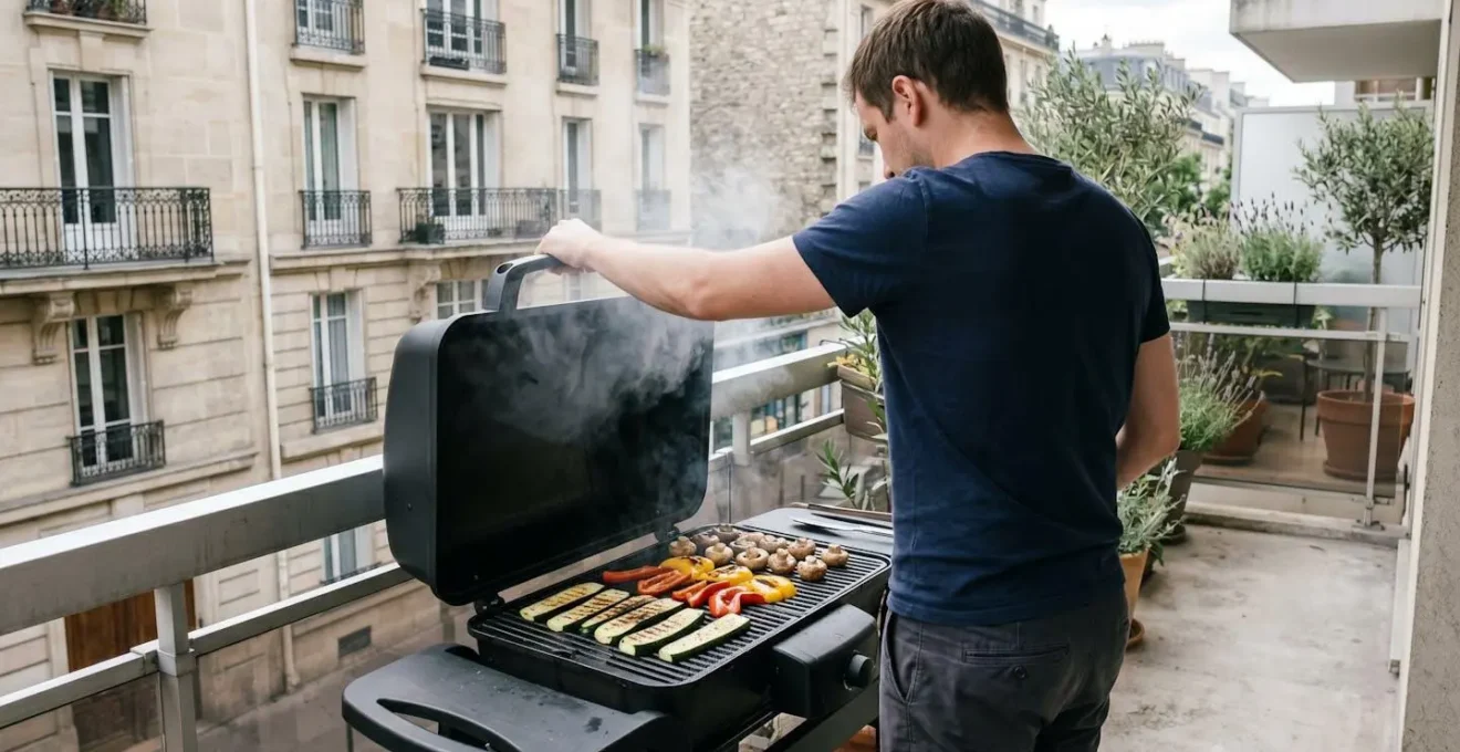 Vue de dos d'une personne soulevant le couvercle d'un barbecue électrique d'où s'échappe de la vapeur chaude, légumes grillés visibles sur la grille en fonte