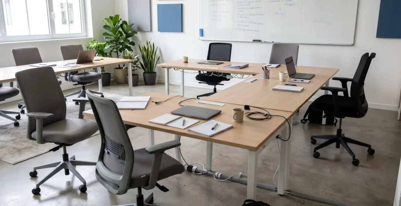Salle de formation moderne et lumineuse avec tables collaboratives, chaises vides, ordinateurs portables fermés et carnets de notes, lumière naturelle abondante
