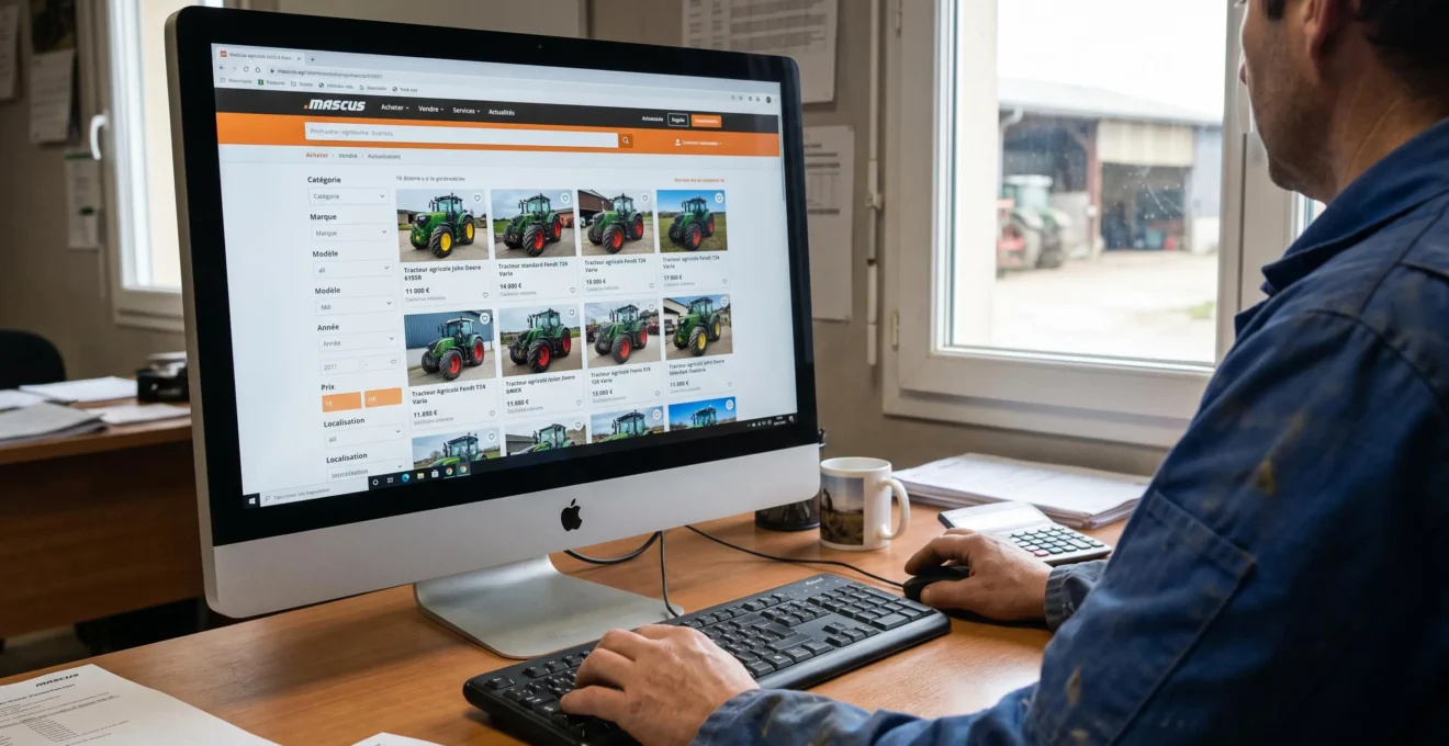 Agriculteur consultant interface Mascus en français sur ordinateur dans bureau d'exploitation, grille d'annonces de tracteurs visible à l'écran