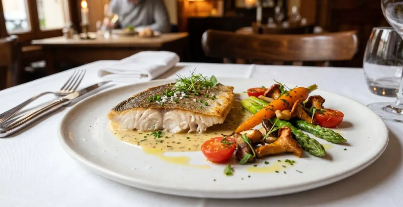 Assiette de filet d'Omble Chevalier dressée avec légumes de saison, présentation soignée sur nappe blanche, ambiance restaurant traditionnel français