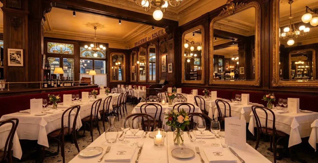 Salle intérieure de la Brasserie des Européens à Annecy, décor Belle Époque rénové avec boiseries et lumières chaudes