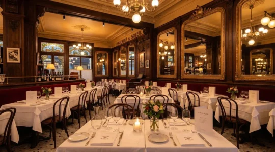 Salle intérieure de la Brasserie des Européens à Annecy, décor Belle Époque rénové avec boiseries et lumières chaudes