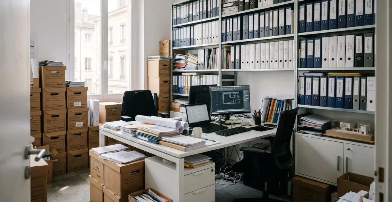Bureau professionnel moderne lyonnais saturé par cartons archives empilés et classeurs débordants, espace de travail réduit par stockage documentaire