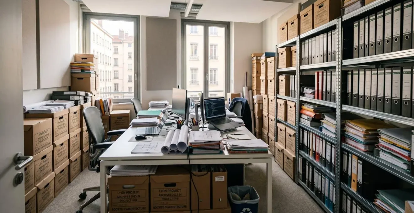 Bureau professionnel moderne lyonnais saturé par cartons archives empilés et classeurs débordants, espace de travail réduit par stockage documentaire